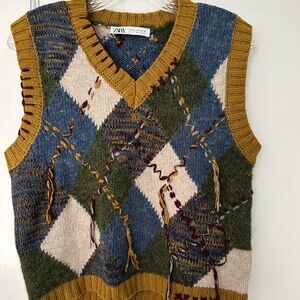 Zara Argyle sweater vest women's size Small, Boho, v-neck